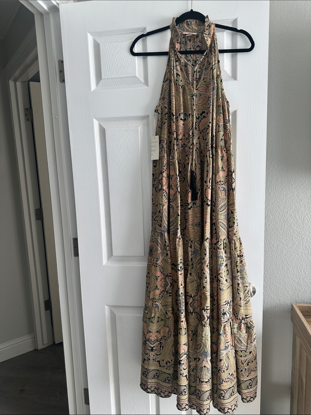 Bohemian Paisley Halter Maxi Dress in Olive and Peach